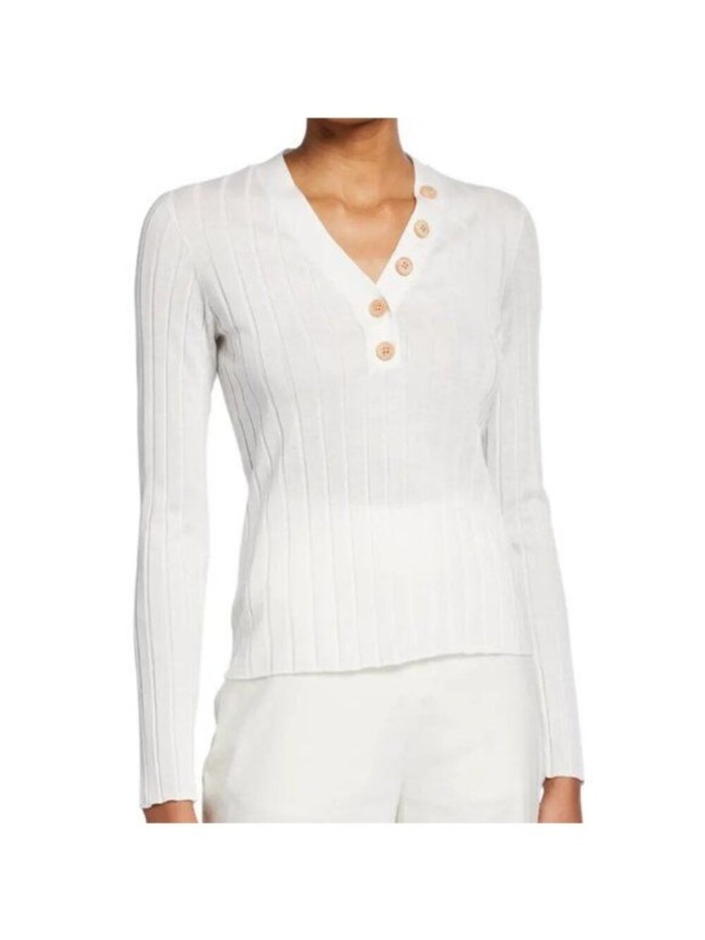 VERONICA BEARD Beaumont Sweater V Neck Wooden Button Long Placket Ribbed